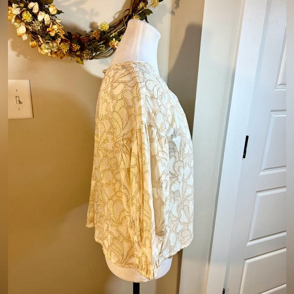 NWT NSR Metalic Gold Thread Lace Dressy  Scoop Neck Elastic Sleeve Blouse Sz M - Picture 4 of 10